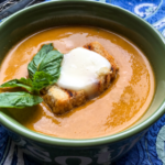 Roasted Yellow Tomato Soup with Grilled Cheese Croutons